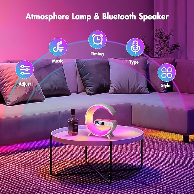 Blingbin Wireless Charger Atmosphere Lamp, 2025 New Mini LED Table Lamp, Bluetooth Speaker, Dimmable Night Light Bedside Lamp Alarm Clock with Music for Christmas Birthday New Year Gifts