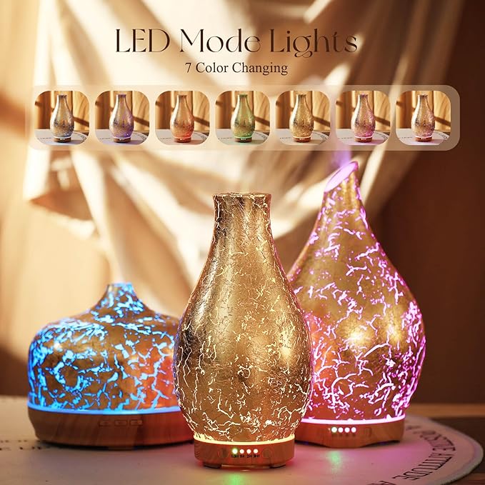 Porseme 100ml Gold-Plated Volcano Essential Oil Diffuser 3D Glass - Elegant and Effective Aromatherapy with 7 Color Changing LEDs and Waterless Auto-Off, BPA Free for Home Yoga Leisure SPA Gift