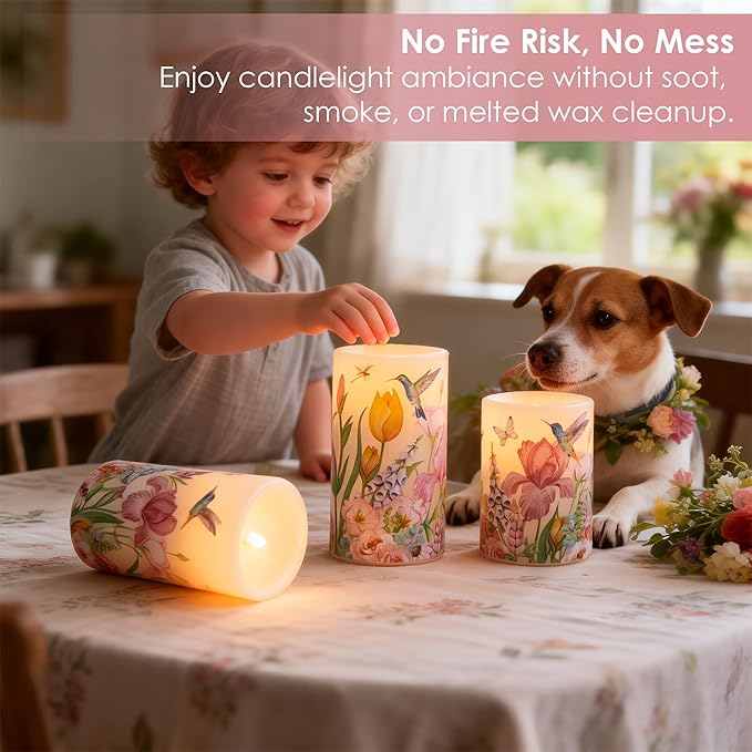 Flameless Candles with Remote, Battery Operated Candles Real Wax Hummingbird Flickering LED Candles Floral Christmas Decor Electric Pillar Candles Set of 3