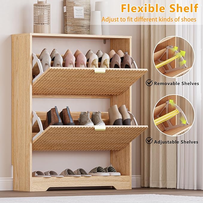 Shoe Cabinet with 2 Flip Drawers, Fluted Shoe Storage Cabinet with Adjustable Shelves, Freestanding Rack and Organizer for Entryway, Hallway