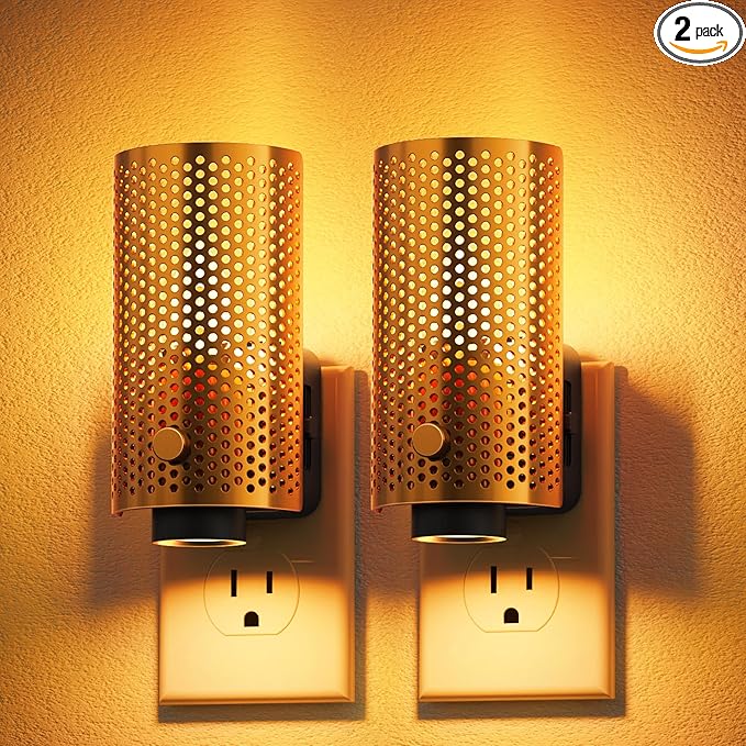 JandCase Night Lights Plug into Wall, Pretty Nightlight with Metal Shade, 3000K Warm White 0-100LM Adjustable Brightness, Flames Flickering Night Light for Bathroom Hallway Bedroom