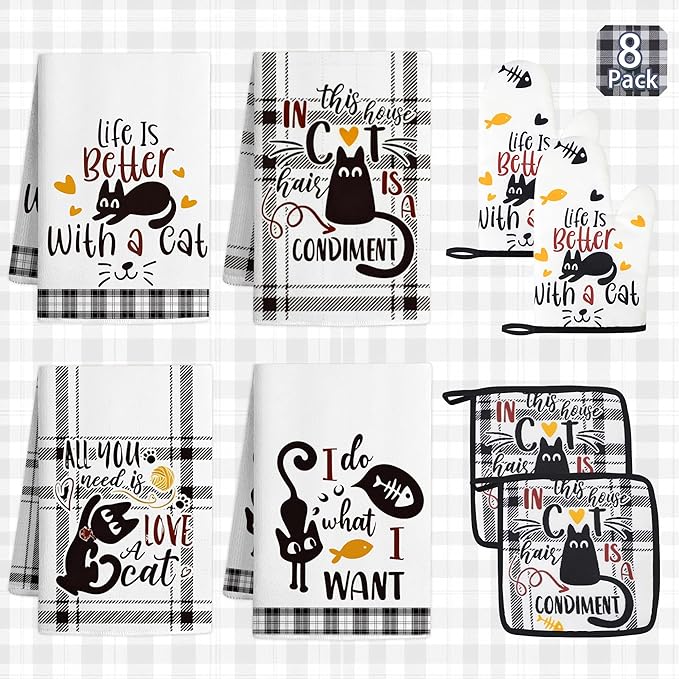 8 PCS Black Cat Decor Kitchen Decor and Accessories - 4 Dish Towels Set 2 Oven Mitts and Pot Holders Sets for Cat Lover Cooking Baking Cute Kitty Kitten Plaid Lightweight Housewarming Gifts