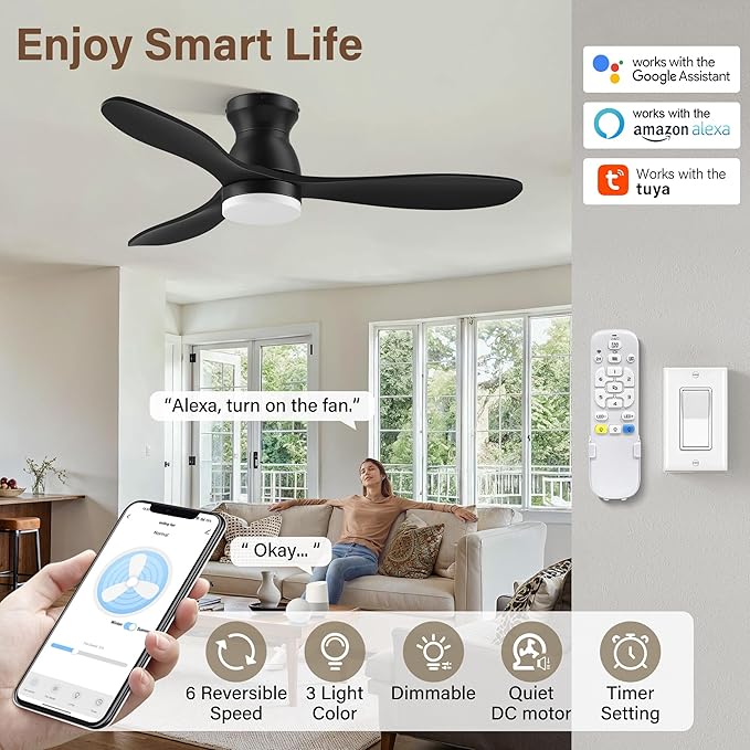 42" Smart Wood Ceiling Fans with Lights,Flush Mount Ceiling Fan with Remote,Alexa,APP,Quiet DC Motor,Modern Low Profile Fan for Bedroom,Living Room,Patio,Outdoor Indoor Use,Black,Dimmable,6 Speed