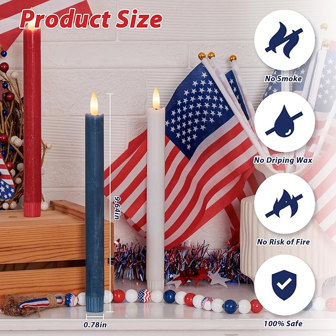 Patriotic Flameless Candles with Remote and Timer, Real Wax Red White and Blue Candles for 4th of July Decorations, Battery Operated Candles for Independence Day Celebrations, 3Pack