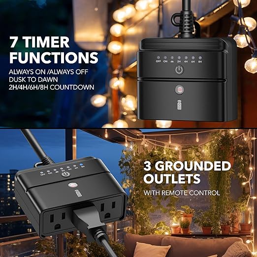 BN-LINK Outdoor Timer Outlet, Dusk-to-Dawn & Remote Control (100ft) - Waterproof 3-Grounded Outlets, 15A ETL Listed for Outdoor String Lights & Appliances