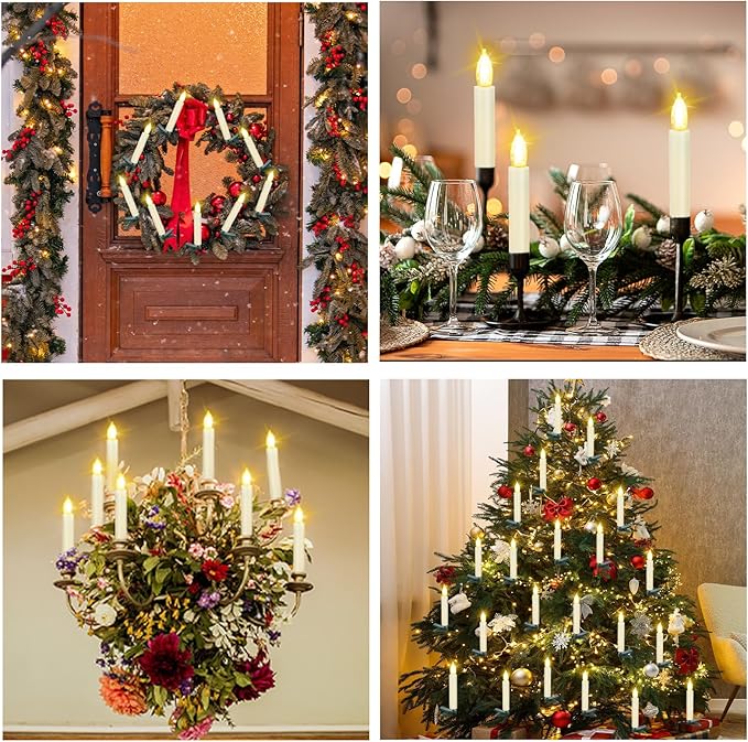 LED Christmas Candles, Flickering Clip on Candles for Christmas Tree, Battery Operated with Remote Timer, Warm White Light, Flameless Taper Candle for Home Christmas Decor, Set of 30