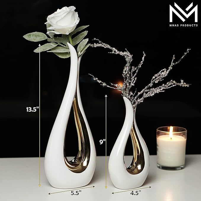 White Ceramic Decorative Vases, Set of 2, Nordic, Modern, Minimalist Design, for Home Decor, Bedroom, Weddings, Restaurants, Office and More