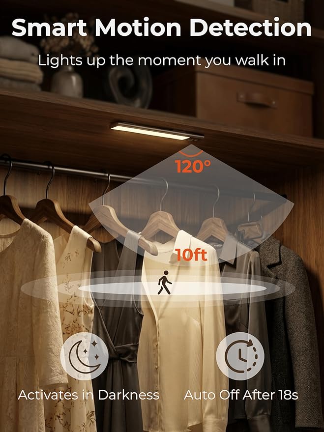 9 inch Under Cabinet Lighting, Cordless USB Rechargeable Motion Sensor Closet Light Indoor, Magnetic Adhesive LED Lights, Peel and Stick Light Bar for Counter, Shelf, Stairs, Pantry (1 Pack)