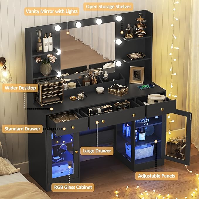 Vanity Desk with Mirror and Lights, Large Makeup Vanity Set with Power Outlet & RGB Glass Cabinet, 3 Drawers, Black Vanity Mirror with Lights Dressing Table for Girls Women, 3 Color Modes