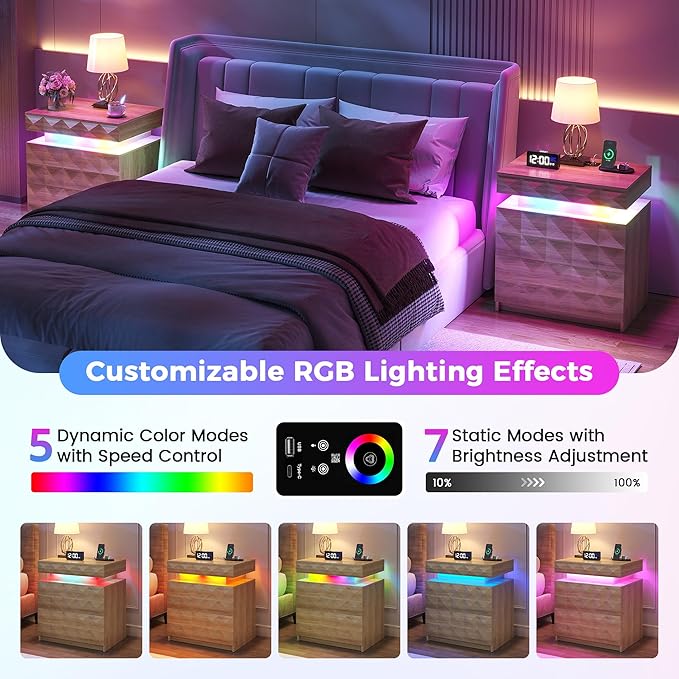 LED Nightstand with Charging Station,3 Drawers Night Stand with Lockable Hidden Storage,Smart Bedside Table with Human Sensor RGB Lights for Bedroom,Wood
