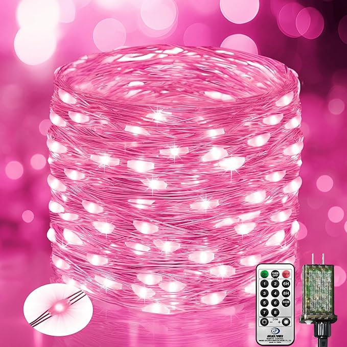 btfarm Fairy Lights Plug in with Remote, 33FT 100 LED Outdoor Twinkle Lights Waterproof with Timer, 8 Modes Indoor String Lights for Bedroom Patio Garden Wedding Christmas Decoration, Pink