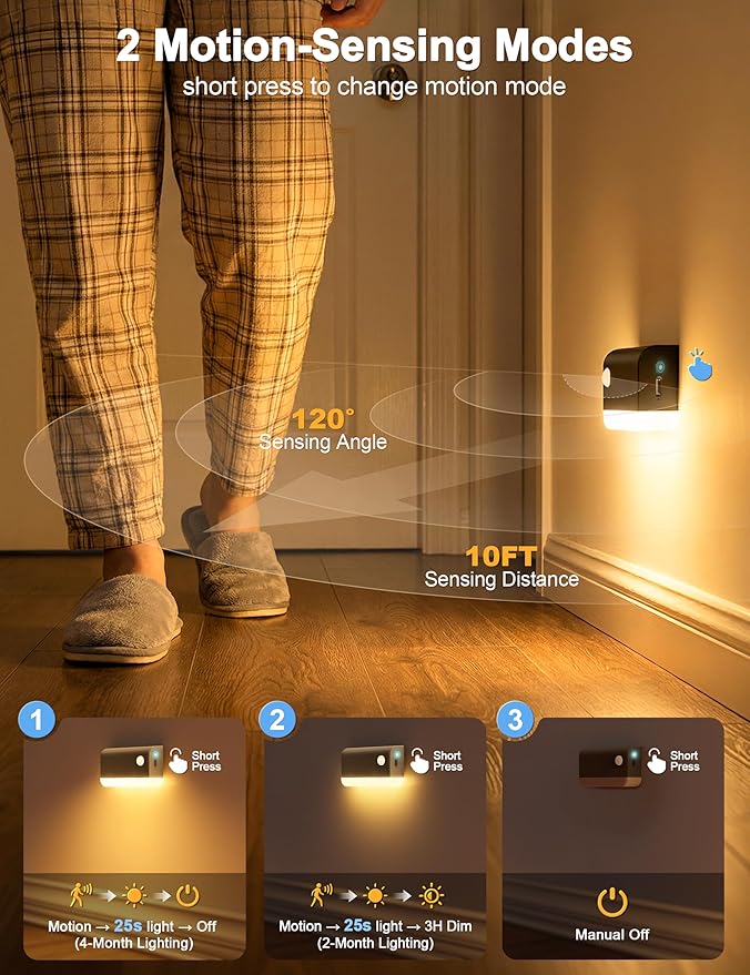 NIORSUN Motion Sensor Stair Lights Indoor, 8 Pack Rechargeable Wireless Step Lights with 3 Color Temperatures, 1200mAh Battery, Magnetic Base for Hallway, Closet, Bathroom, Black