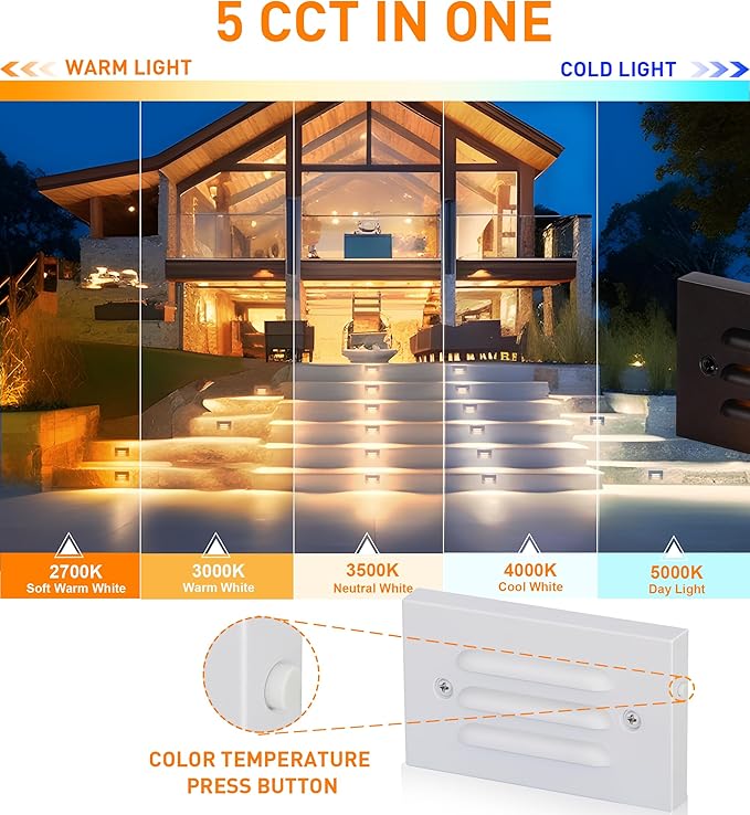 CLOUDY BAY 4 Inch 5CCT 12V 4W Low Voltage LED Step Light with Horizontal Louvered Faceplate for Steps Decks Stairs,Outdoor Stair Lights,Wet Locations,6 Pack,White