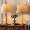 QiMH Farmhouse Table Lamps Set of 2 with Night Light, Mid Century Modern Bedside Lamps for Living Room, Glass Nightstand Lamp with USB A+C Ports, Rustic Vintage Table Lamp for Bedroom, Bulbs Included