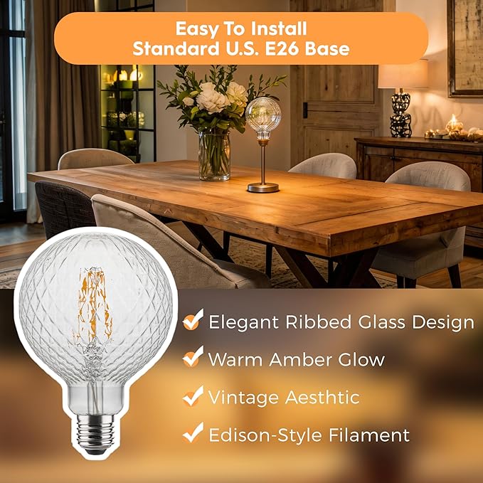 Edison Filament Bulb Pineapple Faceted, Vintage Light Bulb Clear Crystal, G125 Large Round LED Bulb, 4W Dimmable E26 Medium Base, Decorative Cut Glass Light, 1 Pack