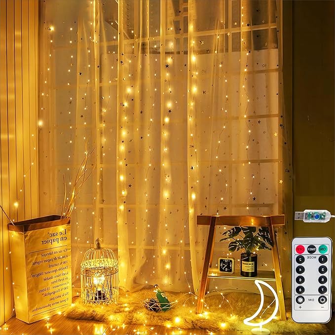 Honche 300Led Fairy Curtain String Lights 10x10ft with Remote Window Lights for Bedroom Wedding Party Festive Season Propose Christmas Decoration(Warm White)