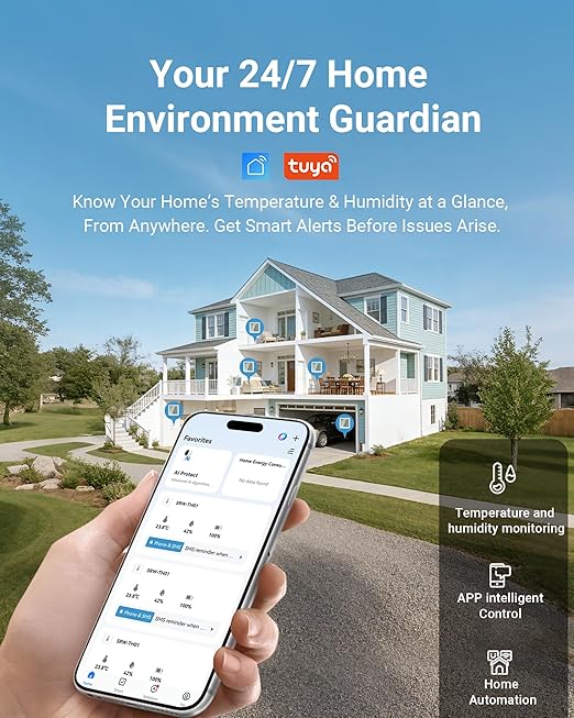 Smart WiFi Thermometer Hygrometer, Indoor Temp Humidity Monitor with Large LCD, No Gateway, Direct Phone Alerts, Free Data Storage, Ultra-Low Power, Tuya App Compatible for Home Garage Greenhouse
