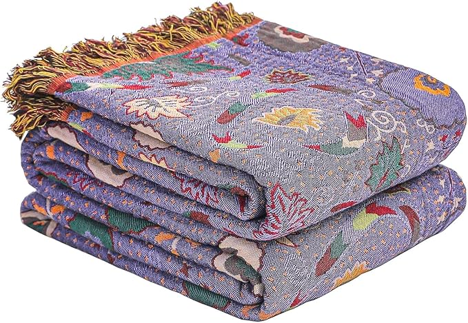 Boho Fall Throw Blanket for Bed Purple Flowers，100% Ultra Cotton Soft Breathable Bed Throw Floral Printed Farmhouse Decor Rustic Bed Throws for Couch Sofa Quilt 80" x 90"