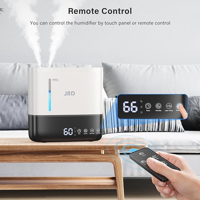 JRD Humidifiers for Bedroom, Ultrasonic Humidifier 4L for Large Room, Cool Mist Top-Fill, 40H Run, 12H Timer, 360° Nozzle, Aroma Diffuser, 7-Color Night Light for Home, Office, Baby(White)