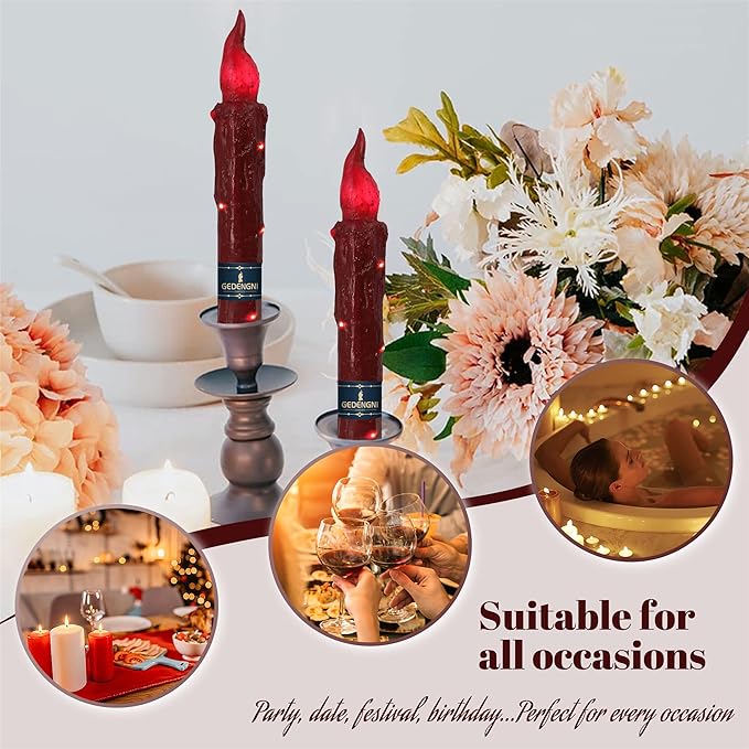 Magical Candlesticks Flameless Taper Candle, 2pcs Red LED Tapered Candles Remote Dipped Candle 6inch Battery Chandelier for Enchanting Weddings and Harry Potter Inspired Vigils(LW4P-RE)