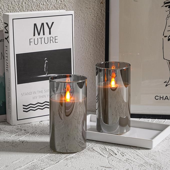 Rechargeable Flameless Candles, Flickering LED Candles, Real Wax Candles with Remote and Timers, Glass Pillar Candles 3D Wick for Wedding Festival Home Decoration, 6" Candle Set of 2,Grey