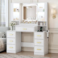 Vanity Desk with Mirror and Lights, Makeup Vanity with 7 Drawers, 2 Glass Door Cabinets, Charging Station, Adjustable Shelves, RGB Lighting, Hair Dryer Holder