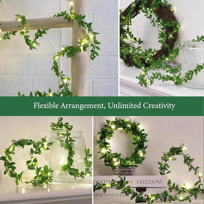 String Lights 2 Pack Artificial Ivy Vines with Lights 8 Light Modes Each 6.5Ft 20 LED Fake Vines with Fairy Lights Green Leaves Vines String Lights for Bedroom Room Garden Party Decor