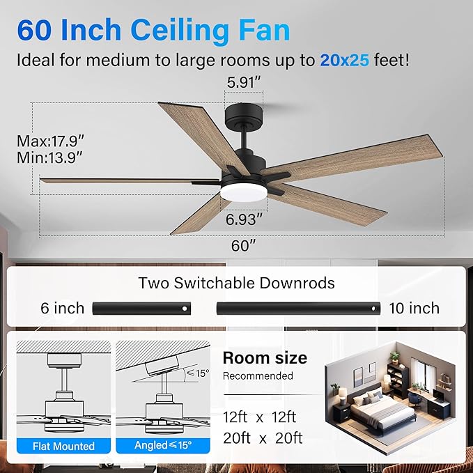 60” Smart Ceiling Fan with Lights Remote,Control via Alexa Google App Wifi,Silent DC Motor,Dimmable,Outdoor Indoor Modern Ceiling Fans for Large Bedroom Living Room Kitchen Patio,Black Walnut Brown