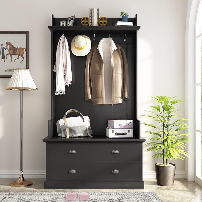Retro 38.5" Wide Hallway Hall Tree with Coat Rack and 2 Large Drawers,Bench,5 Metal Hooks and Metal Handles,For Entrance Furniture Use Black#c