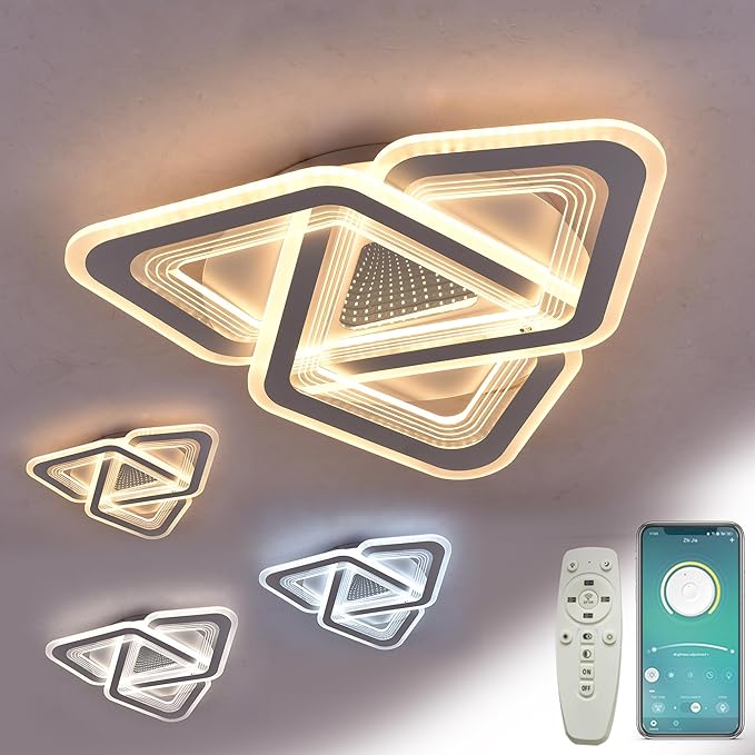 20-inch Triangle Ceiling Light Fixture Dimmable LED Bedroom Light with Remote & App Control, Unique Modern Flush Mount Lights Easy to Install, 80W Super Bright for Low Ceiling in Living Room