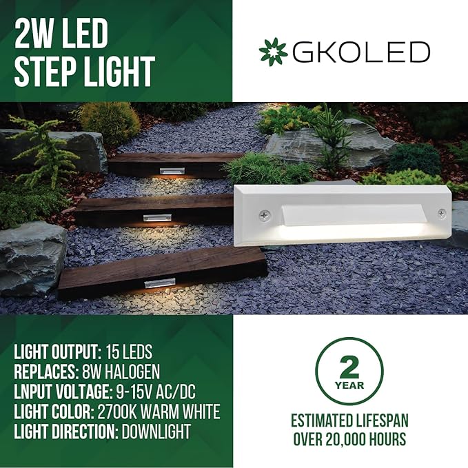 GKOLED 6-Pack Low Voltage 9-15V AC/DC LED Linear Step Lights, 2W Landscape Cutoff Stair Riser Light, Outdoor Waterproof Accent Lighting Fixtures, Die-cast Aluminum with White Powder Coated Finish