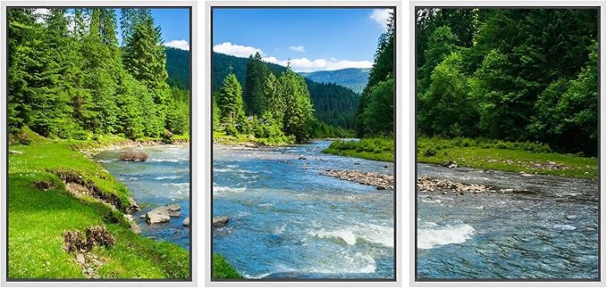 wall26 - 3 Piece Framed Canvas Wall Art - Landscape with Mountains Trees and a River in Front - Modern Home Art Stretched and Framed Ready to Hang - 16"x24"x3 White
