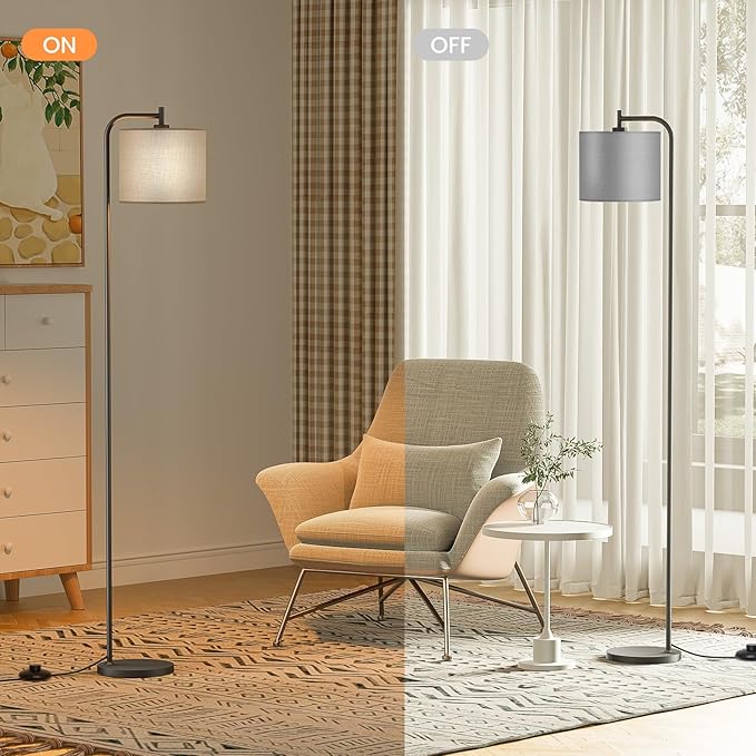 Floor Lamp with Linen Shade, Dimmable Tall Standing Lamp with Remote Control & 3 Color Temperatures, Modern Corner Floor Lamps for Living Room Bedroom Office, 9W LED Bulb Included
