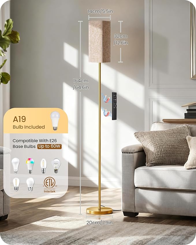 64.2” Dimmable Floor Lamp for Living Room with Remote and Foot Switch, Corner Floor Lamp for Bedroom, Includes 10W A19 Bulb, Modern Standing Tall Lamp, ETL Listed, Beige and Gold DE17LD05