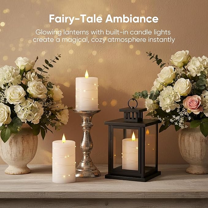 Amagic 3"×4" 5" 6" Flameless Candles with String Lights, White 11-Key Remote & Timer Battery Operated Flickering Led Pillar Candles Real Wax for Home, Lantern, Halloween and Christmas Decor, Set of 3