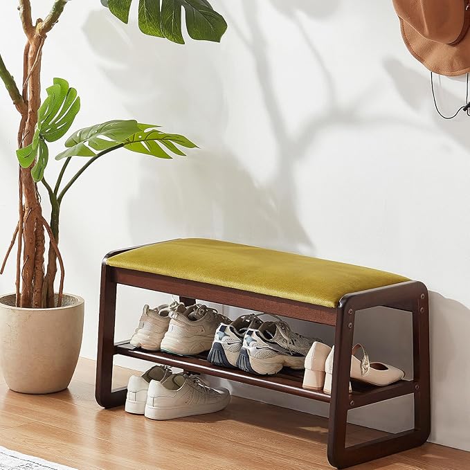 Shoe Rack Bench,2 Tier Solid Wooden Entryway Bench with Shoe Storage, Shoe Rack with Cushion for Living Room, Hallway(Olive Green, 31.5")