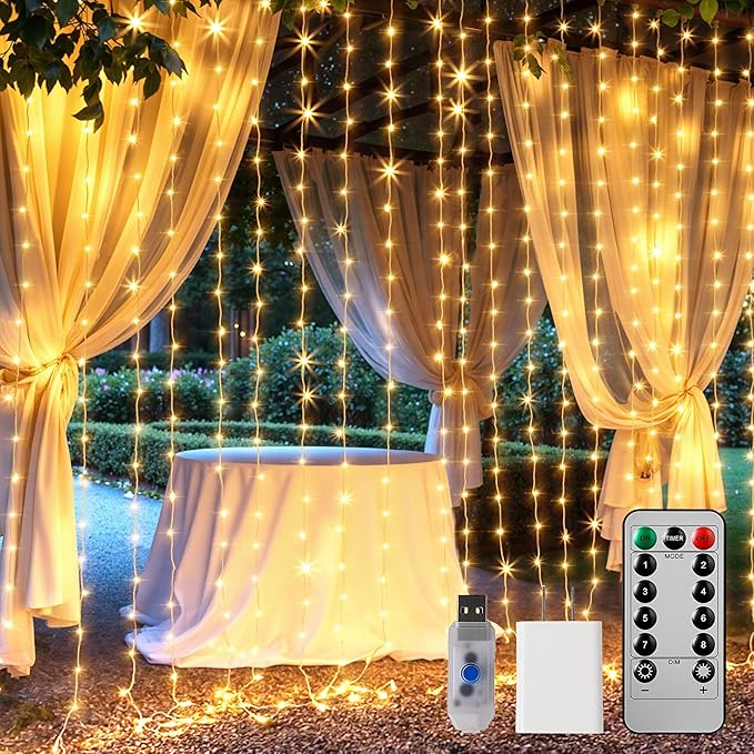 Brightown 600 LED Curtain String Lights, 20 FT Hanging Fairy Lights with Remote, 8 Modes, Waterproof Window Lights for Bedroom Backdrop Wedding Outdoor Christmas Party, Warm White
