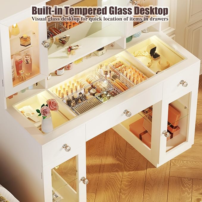 Vanity Desk with Mirror and RGB Lights, 43" Large Makeup Vanity with Glass Top, 4 Large Glass Cabinets, Power Outlet & 3 Drawers, 3 Colors Lighting Adjustable Brightness for Bedroom, White