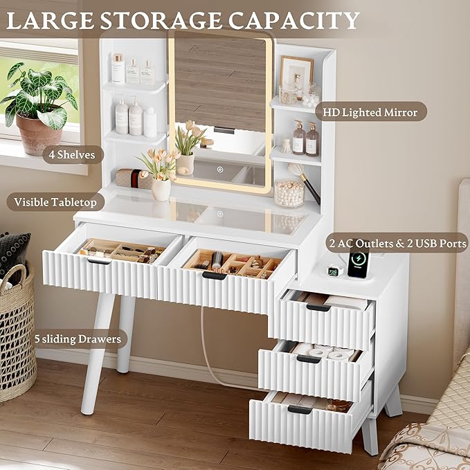 Vanity Desk With HD Lighted Mirror and Lights, Fluted Small Makeup Vanity with Storage Drawers & Shelves, Modern Dressing Table Set with Power Outlet & Glass Table Top for Women Girls Bedroom, White