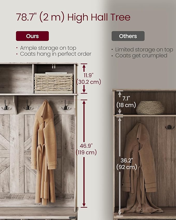 VASAGLE Hall Tree with Bench and Shoe Storage, Coat Rack with Shoe Bench, Entryway Furniture, 16 Open Compartments, 6 Tri-Hooks, Farmhouse Style, Space Saving, Heather Greige UHSR427K02