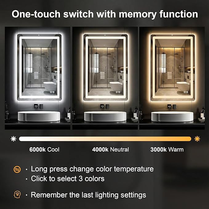 LED Bathroom Vanity Mirror with Light, 30"x20" Led Bathroom Vanity Mirror with Light for Wall, Anti-Fog, Dimmable 3 Colors, Memory Function, Backlit and Front Lit, Plug-in/Hardwired