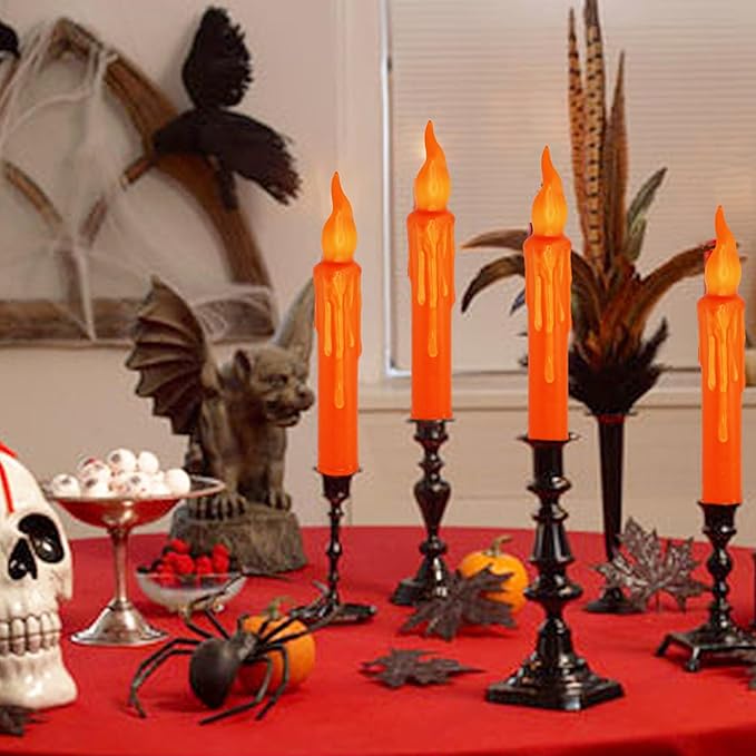 Orange Flameless Short Taper Candles, Real Wax Hand Dipped LED Battery Operated with Remote, Flickering Flame Lights for Festival Party Home Décor, 6.7 Inch Primitive Flameless Candles, 2PCS
