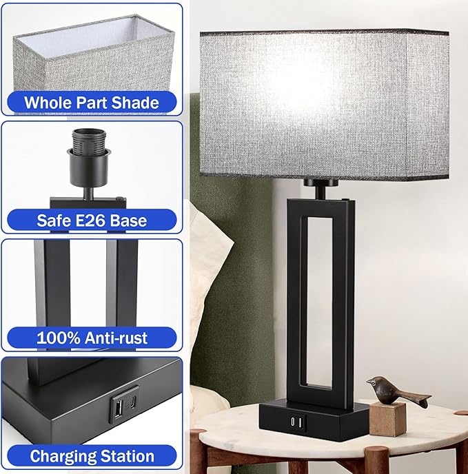Modern Nightstand Lamps Set of 2 - Touch Control Bedside Table Lamps with USB C&A, 3 Way Dimmable for Bedrooms & Living Room, Gray & Black