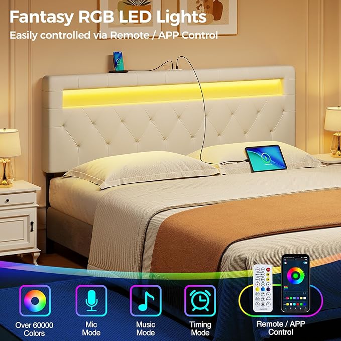 GREENSTELL Headboard for Full Size Bed with 60,000 DIY Color of LED Light, USB & Type C Post, Upholstered, Height Adjustable, Sturdy, Easy Assembly, Wall Mounted Head Boards Only, White