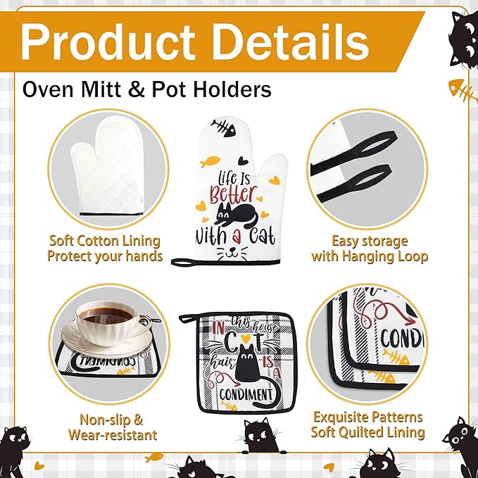 8 PCS Black Cat Decor Kitchen Decor and Accessories - 4 Dish Towels Set 2 Oven Mitts and Pot Holders Sets for Cat Lover Cooking Baking Cute Kitty Kitten Plaid Lightweight Housewarming Gifts