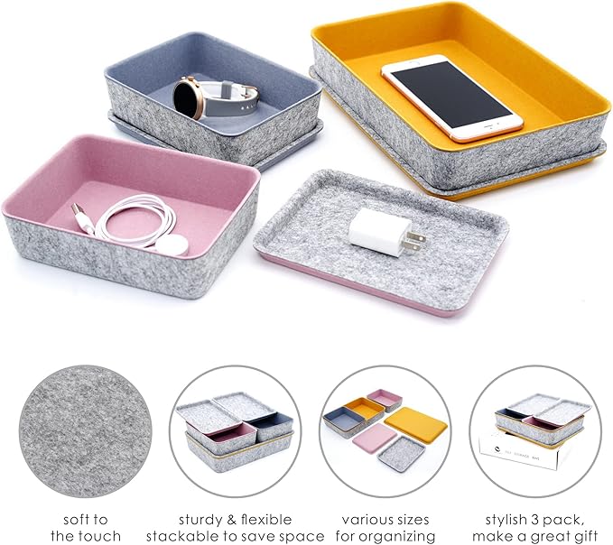 Welaxy Lidded Felt Drawer Organizer Bin with lids Desktop Stackable Organizer Storage box for crafts office supplies pen notes Junk Makeup Stationery Organize 3-Pack ( Curry+Dusty rose +Glacier gray)