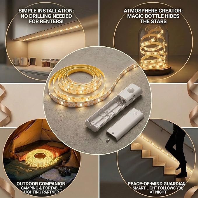 Motion Sensor LED Light Strip Battery Powered, 3 Lighting Modes(Always-On/Motion/Off)6.5ft Wireless Under Cabinet Lighting,Warm White 3000K with Hook and Loop Battery Box(4xAAA Required,Not Included)