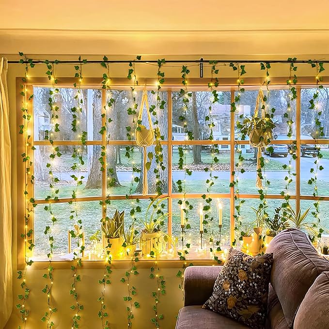 JMEXSUSS Vines Lights for Bedroom, 9.8ft x 9.8ft with Remote, 300 LED Fairy Lights with Vines, Artificial Ivy Curtain Light for Wall Dorm Wedding Indoor Decor