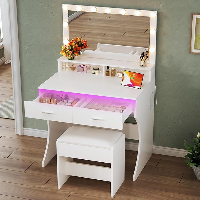 Vanity Desk with Mirror and Lights, Small Makeup Vanity with Power Outlets and RGB LED Strip, Bedoom Vanity Table Set with Cushion Stool and 2 Storage Drawers, 3 Color Modes, Bright Adjustable, White