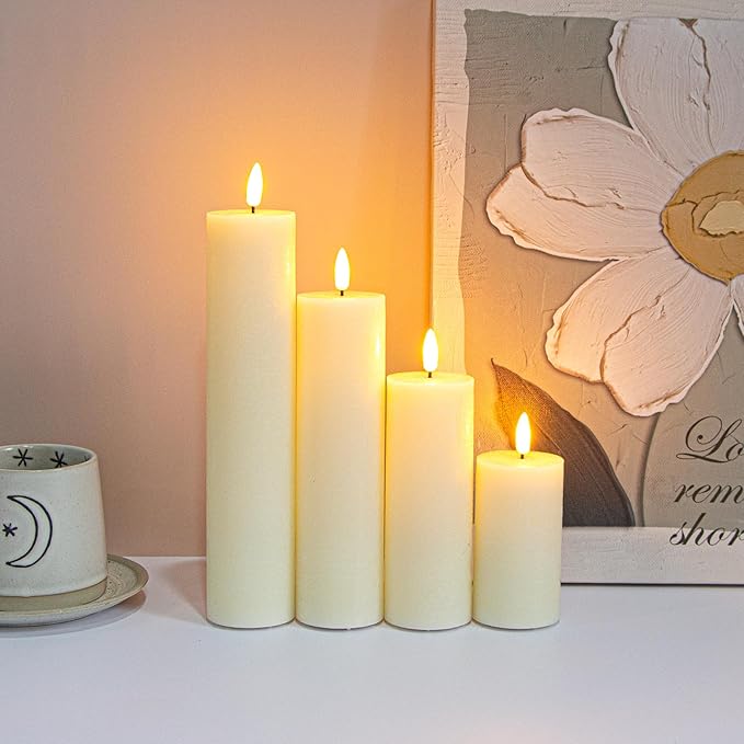 Flickering Flameless Pillar Candles with Remote Control and Cycle Timer,Ivory Pack of 4 Battery Operated(Powered by 2AA) LED Real Wax Tall Fake 3D-Wick Electric Candles(D 2.2” x H 4”,6”,8”,10”)